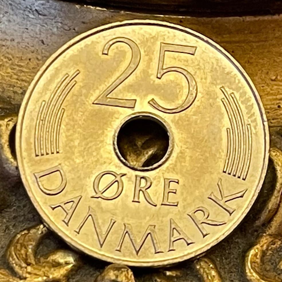 Queen Margrethe II Monogram & Oak Branch 25 Ore Denmark Authentic Coin Money for Jewelry and Craft Making (Hole in Coin)