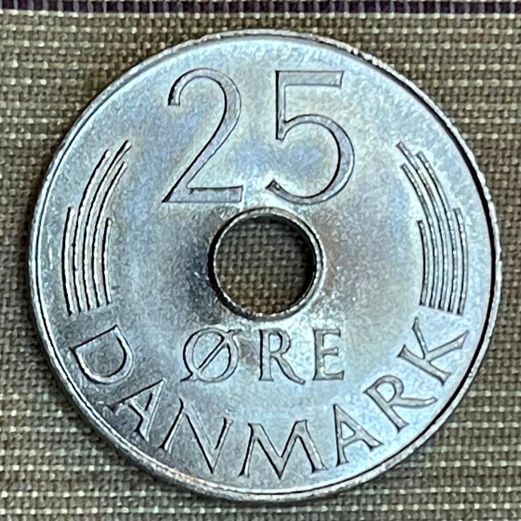 Queen Margrethe II Monogram & Oak Branch 25 Ore Denmark Authentic Coin Money for Jewelry and Craft Making (Hole in Coin)