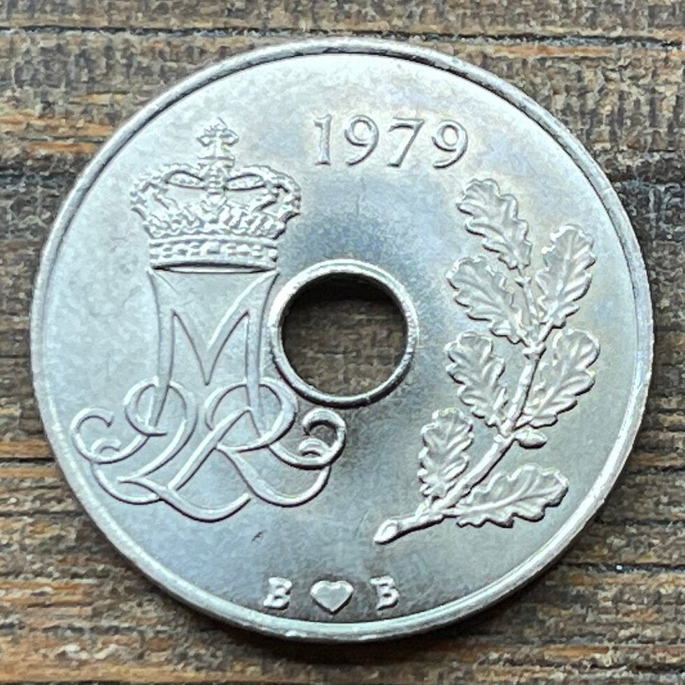 Queen Margrethe II Monogram & Oak Branch 25 Ore Denmark Authentic Coin Money for Jewelry and Craft Making (Hole in Coin)