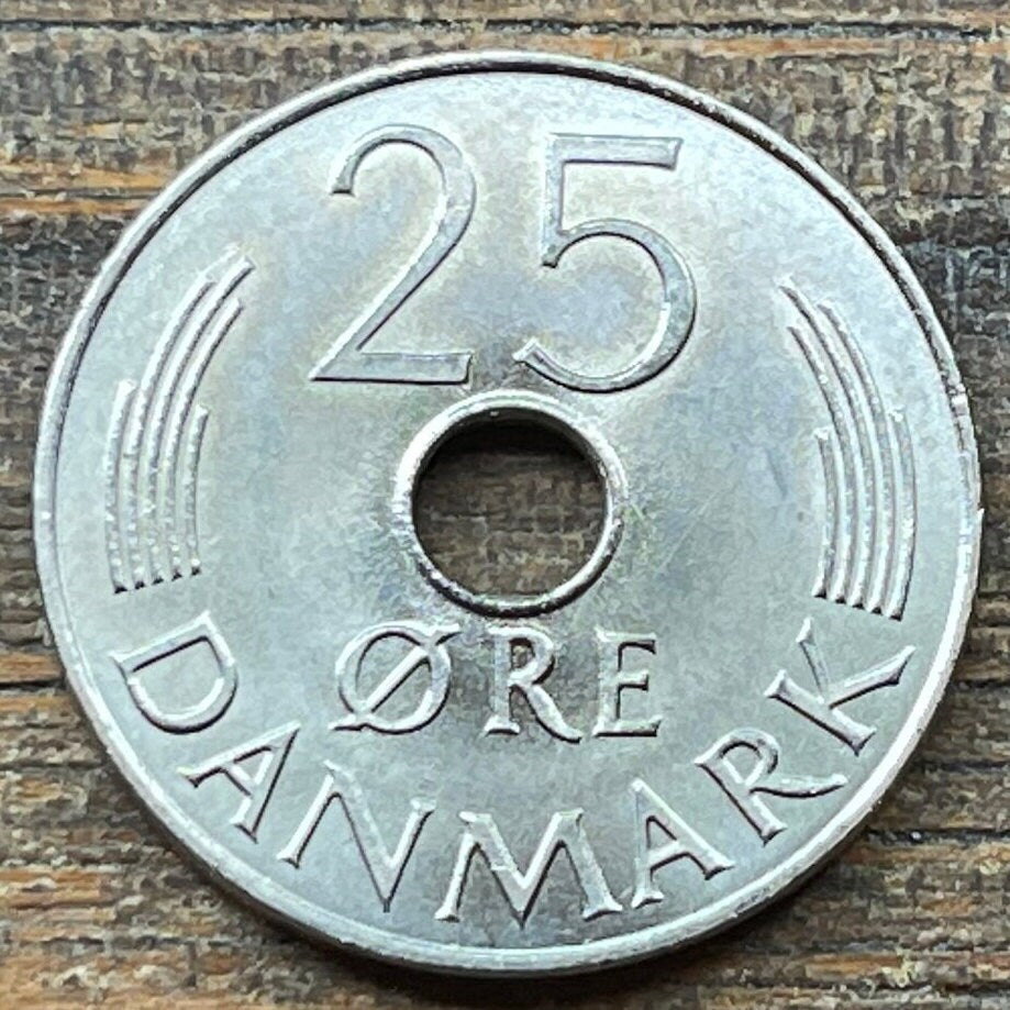 Queen Margrethe II Monogram & Oak Branch 25 Ore Denmark Authentic Coin Money for Jewelry and Craft Making (Hole in Coin)