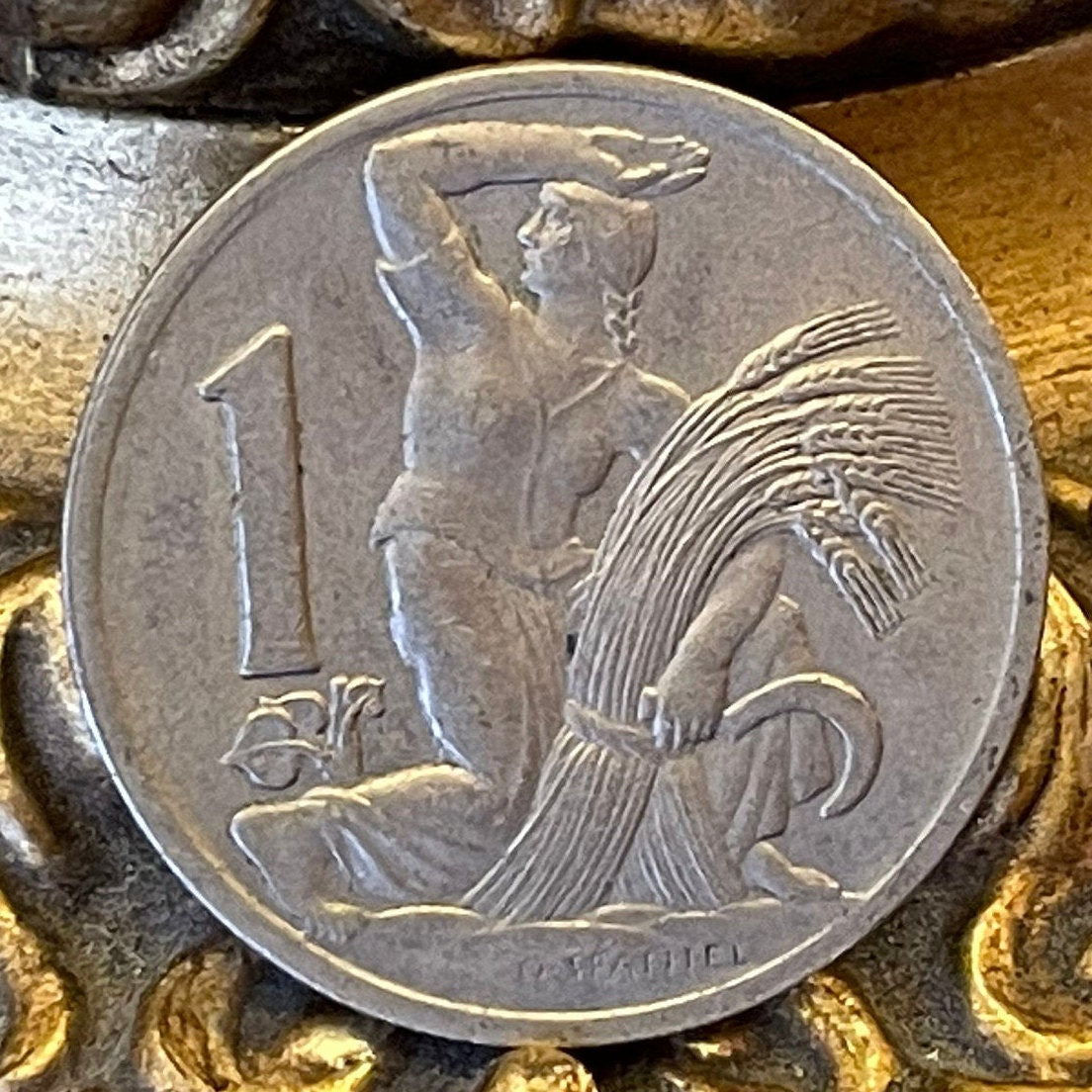 Woman Harvesting & Bohemian Lion 1 Koruna Czechoslovakia Authentic Coin Money for Jewelry (Otakar Spaniel) (Sheaf and Sickle) (Double-Tail)