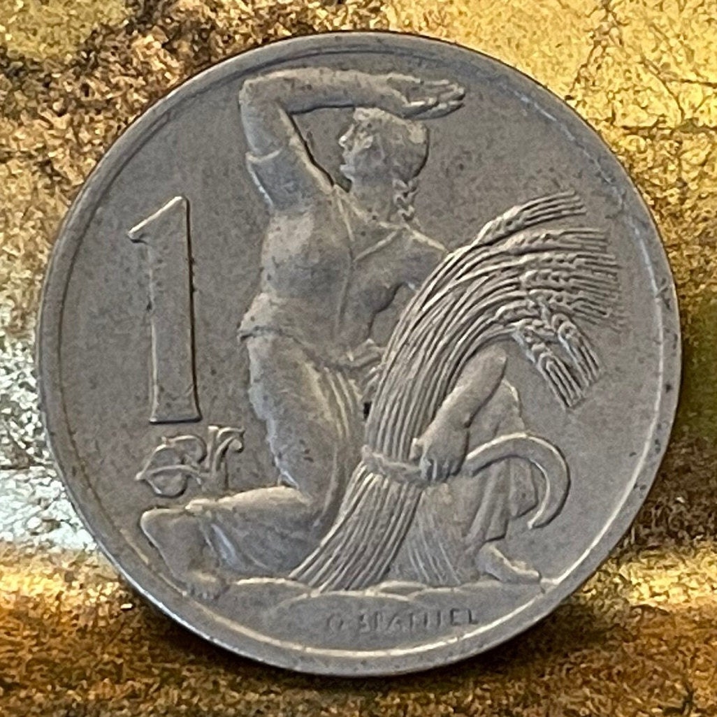 Woman Harvesting & Bohemian Lion 1 Koruna Czechoslovakia Authentic Coin Money for Jewelry (Otakar Spaniel) (Sheaf and Sickle) (Double-Tail)