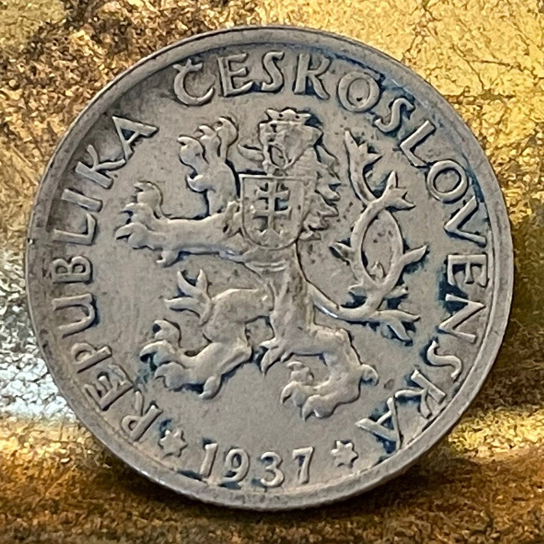 Woman Harvesting & Bohemian Lion 1 Koruna Czechoslovakia Authentic Coin Money for Jewelry (Otakar Spaniel) (Sheaf and Sickle) (Double-Tail)
