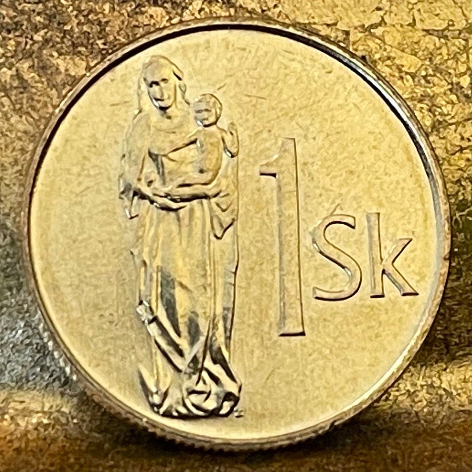 Madonna and Child 1 Koruna Slovak Republic Authentic Coin Money for Jewelry and Craft Making (Gothic Wooden Statue) Slovak National Gallery
