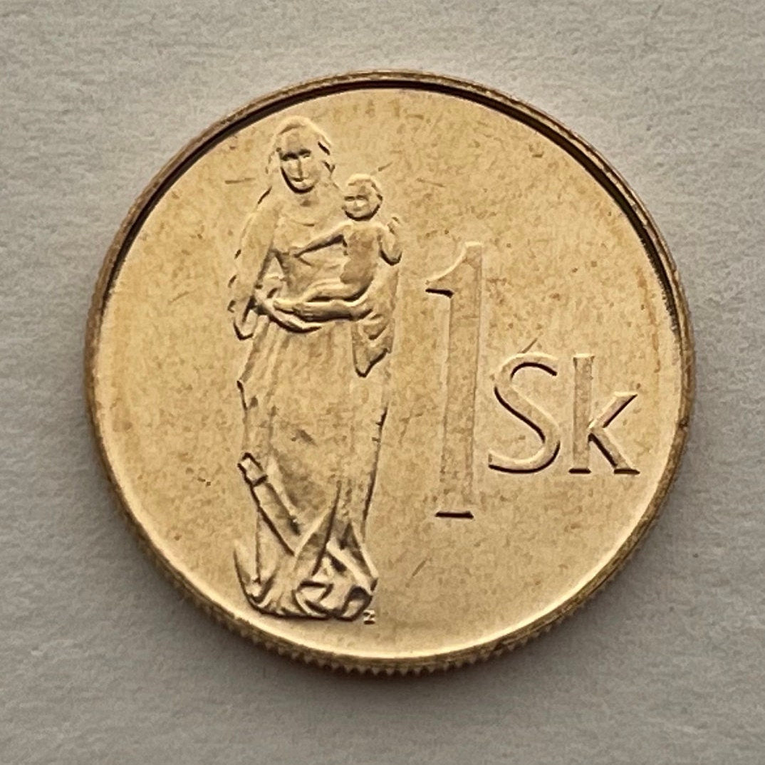 Madonna and Child 1 Koruna Slovak Republic Authentic Coin Money for Jewelry and Craft Making (Gothic Wooden Statue) Slovak National Gallery
