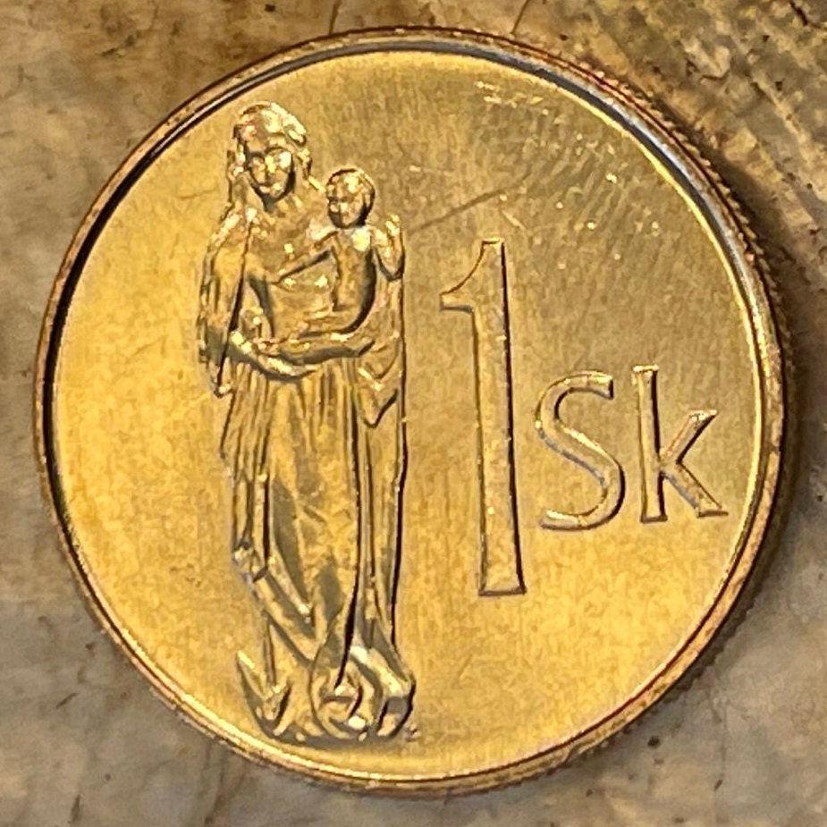 Madonna and Child 1 Koruna Slovak Republic Authentic Coin Money for Jewelry and Craft Making (Gothic Wooden Statue) Slovak National Gallery
