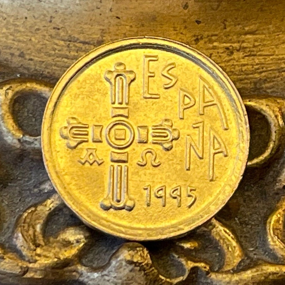 Jeweled Victory Cross of Asturias & Asturian Hórreo Granary 5 Peseta Spain Authentic Coin Money for Jewelry and Crafts (Crux Gemmata) (1995)