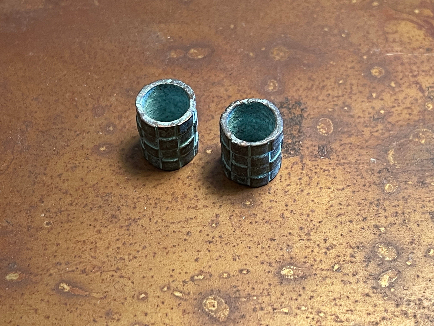 Big hole tube Beads - checkered barrel relief design (lot of 2 or 6) large copper plated green patina findings handcrafted in Mykonos Greece