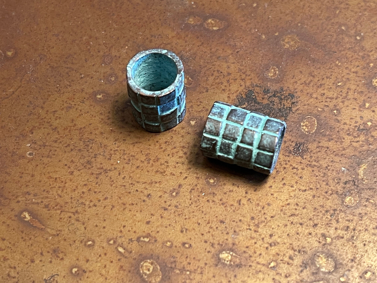Big hole tube Beads - checkered barrel relief design (lot of 2 or 6) large copper plated green patina findings handcrafted in Mykonos Greece