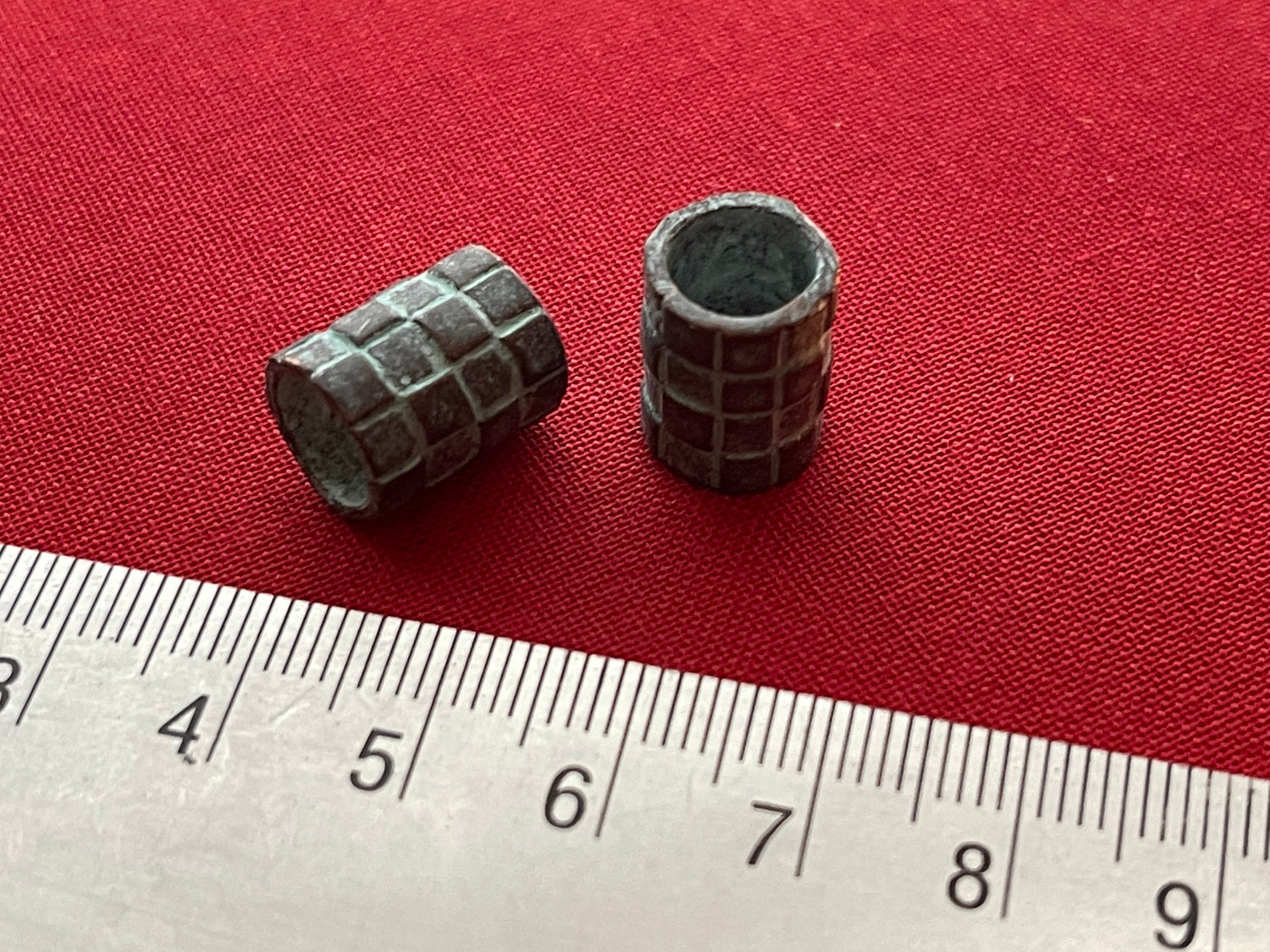 Big hole tube Beads - checkered barrel relief design (lot of 2 or 6) large copper plated green patina findings handcrafted in Mykonos Greece