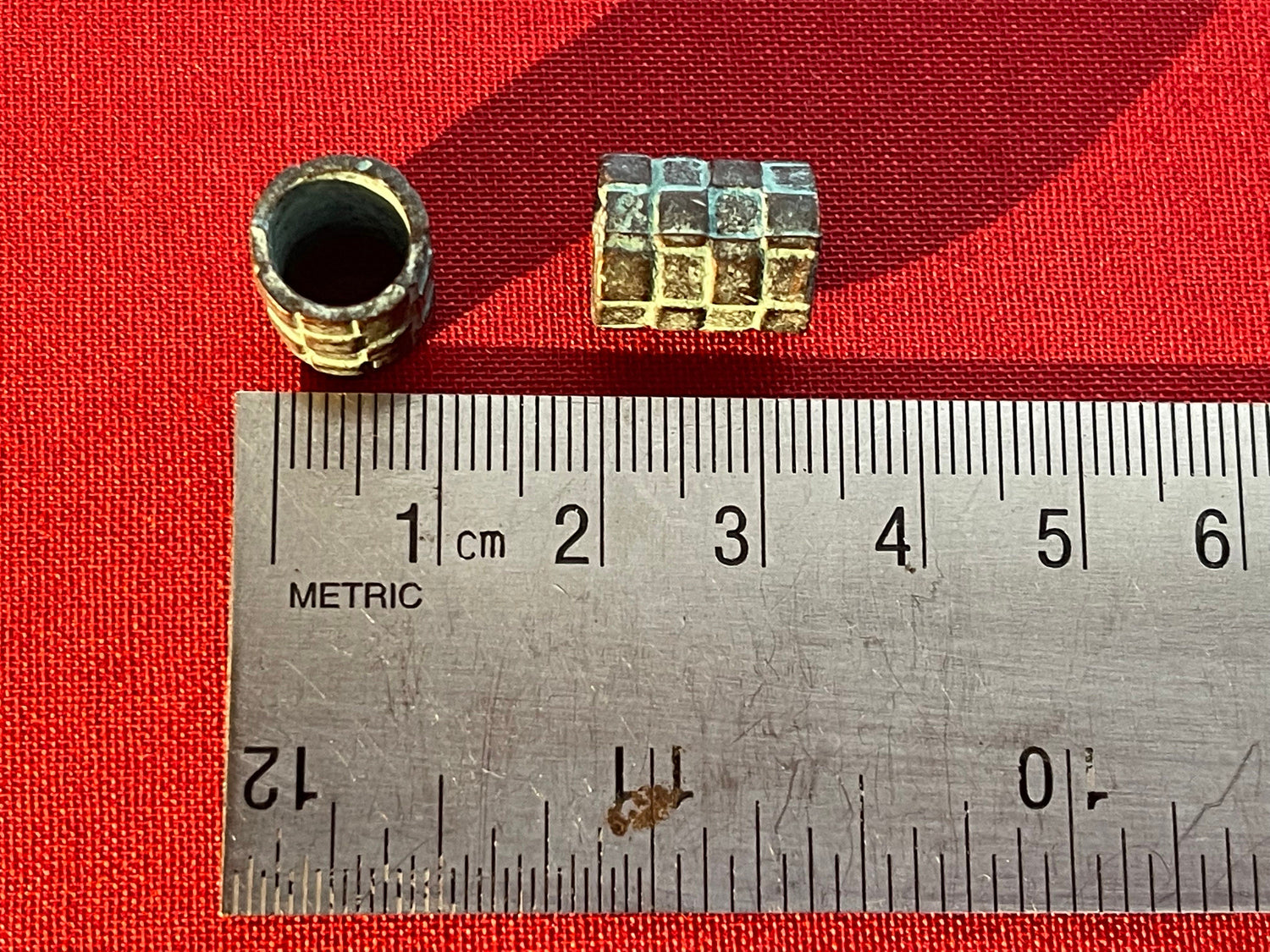 Big hole tube Beads - checkered barrel relief design (lot of 2 or 6) large copper plated green patina findings handcrafted in Mykonos Greece