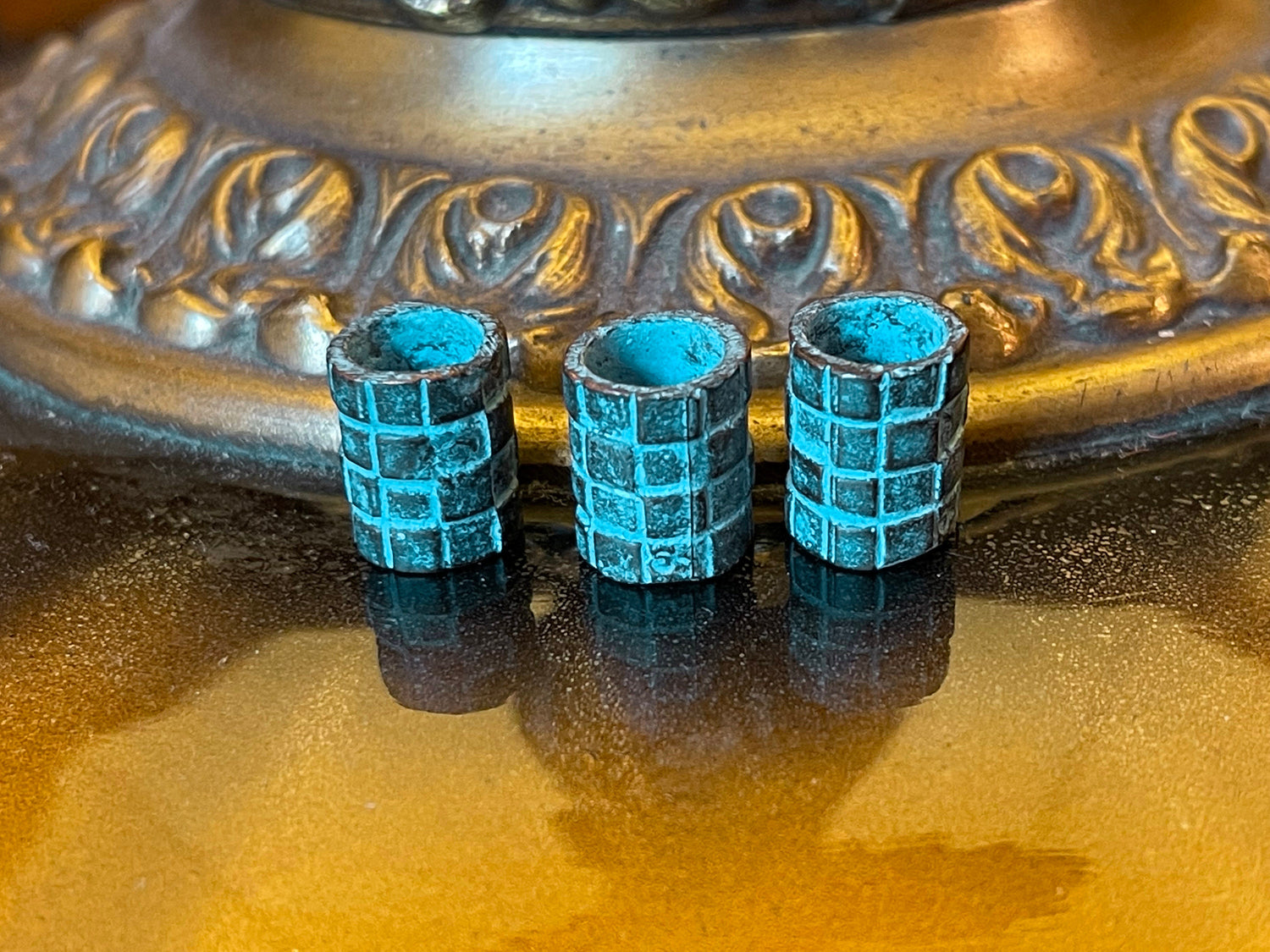 Big hole tube Beads - checkered barrel relief design (lot of 2 or 6) large copper plated green patina findings handcrafted in Mykonos Greece