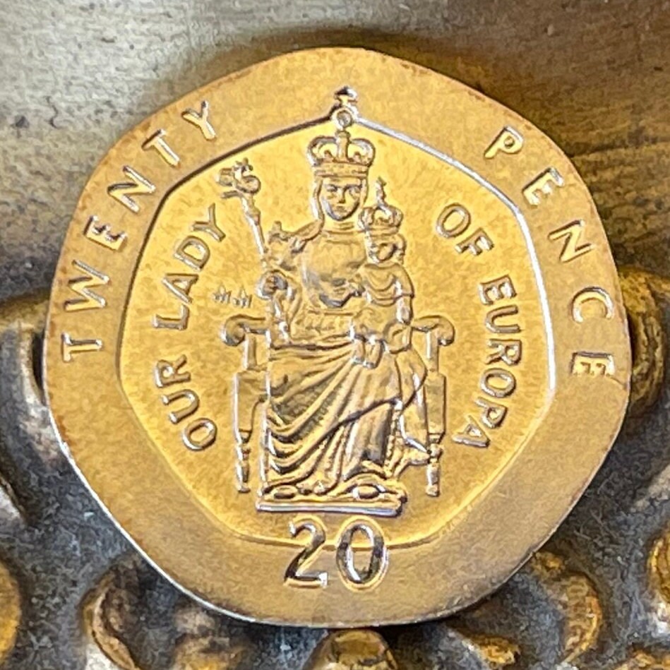 Our Lady of Europa with Crowned Christ Child 20 Pence Gibraltar Authentic Coin Money for Jewelry (Virgin Mary) (Heptagonal Coin) (Easter)