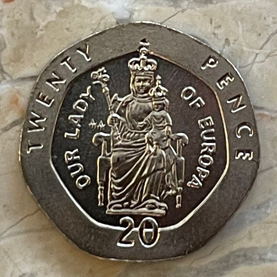 Our Lady of Europa with Crowned Christ Child 20 Pence Gibraltar Authentic Coin Money for Jewelry (Virgin Mary) (Heptagonal Coin) (Easter)