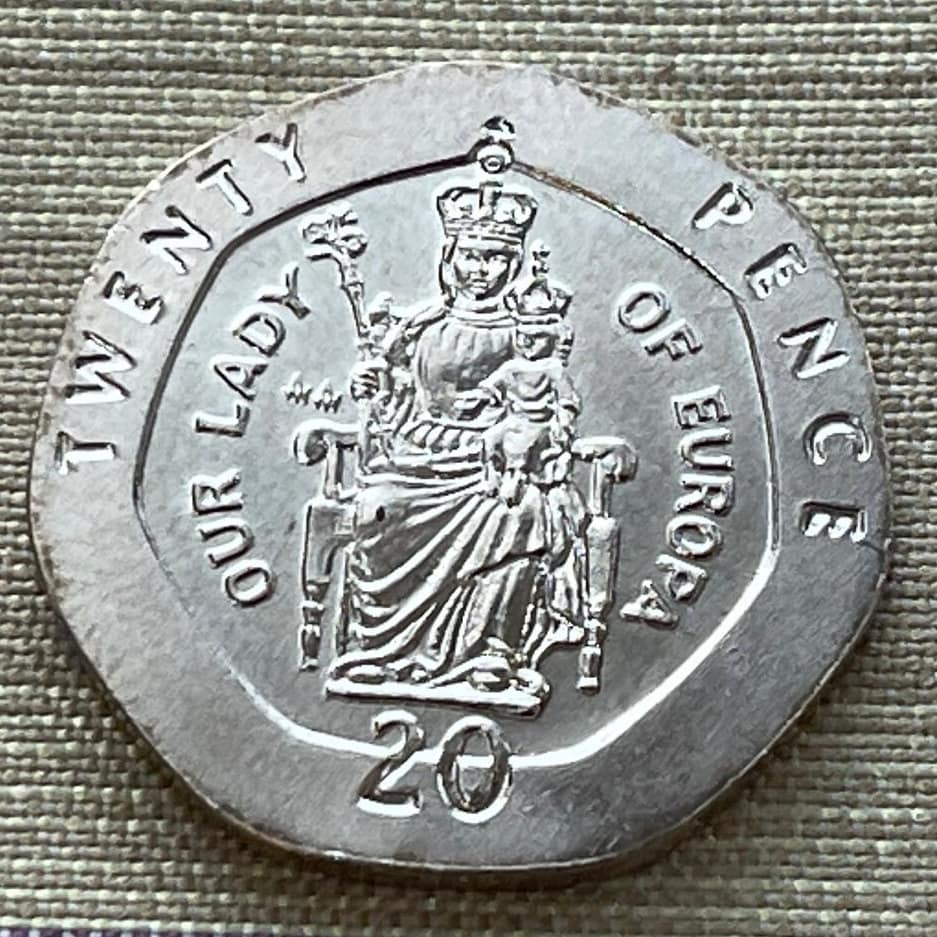 Our Lady of Europa with Crowned Christ Child 20 Pence Gibraltar Authentic Coin Money for Jewelry (Virgin Mary) (Heptagonal Coin) (Easter)