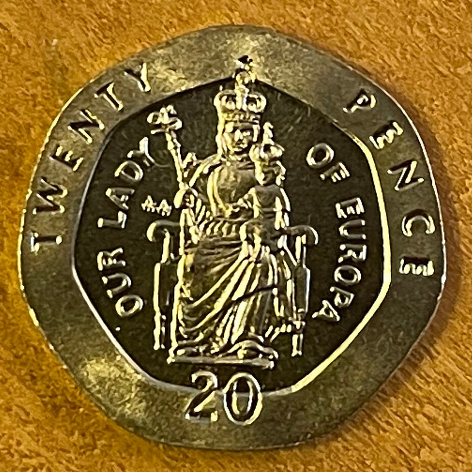 Our Lady of Europa with Crowned Christ Child 20 Pence Gibraltar Authentic Coin Money for Jewelry (Virgin Mary) (Heptagonal Coin) (Easter)