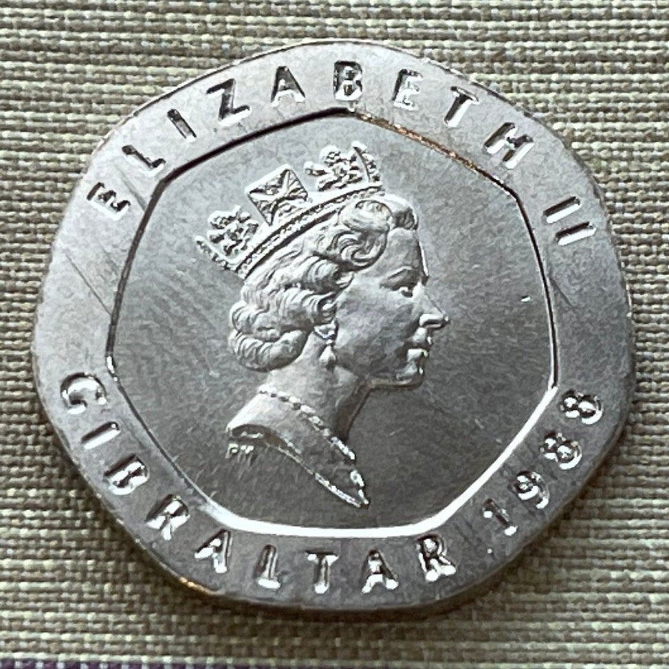 Our Lady of Europa with Crowned Christ Child 20 Pence Gibraltar Authentic Coin Money for Jewelry (Virgin Mary) (Heptagonal Coin) (Easter)