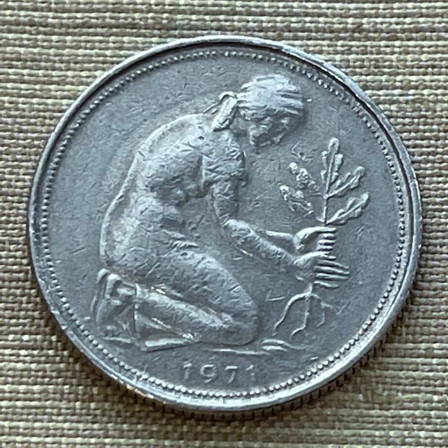 Trümmerfrau Plants Oak Seedling 50 Pfennig Germany Authentic Coin Money for Jewelry (Rubble Woman) (Post War Rebirth) Used: XFine
