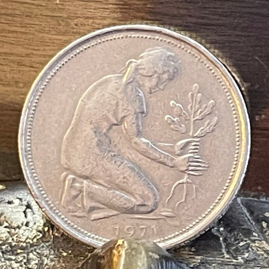 Trümmerfrau Plants Oak Seedling 50 Pfennig Germany Authentic Coin Money for Jewelry (Rubble Woman) (Post War Rebirth) Used: XFine