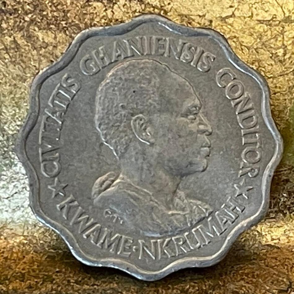 Kwame Nkrumah & Black Star of Africa 5 Pesewas Ghana Authentic Coin Charm for Jewelry (Scalloped Coin) (Superstar) Used: XFine-AU