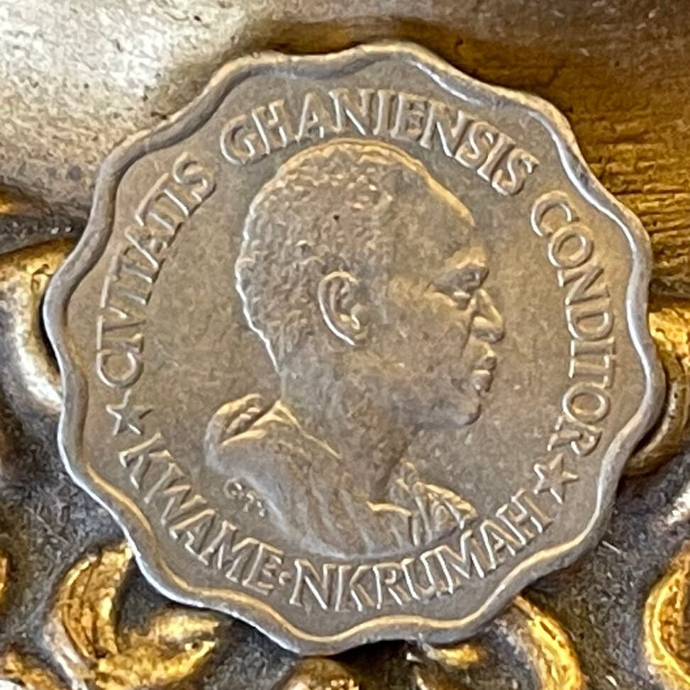 Kwame Nkrumah & Black Star of Africa 5 Pesewas Ghana Authentic Coin Charm for Jewelry (Scalloped Coin) (Superstar) Used: XFine-AU