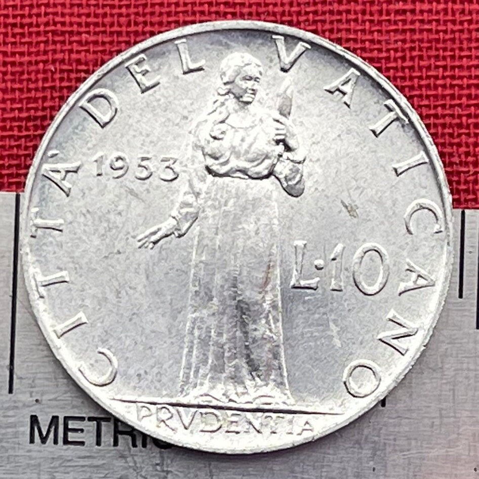 Cardinal Virtue Prudence & Pope Pius XII 10 Lire Vatican City Authentic Coin Money for Jewelry and Craft Making (Prudentia)