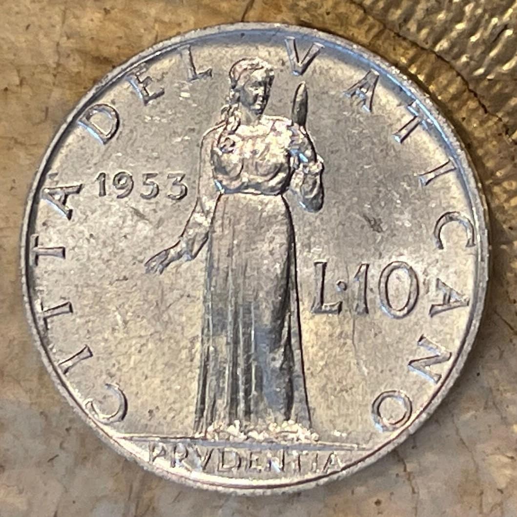 Cardinal Virtue Prudence & Pope Pius XII 10 Lire Vatican City Authentic Coin Money for Jewelry and Craft Making (Prudentia)
