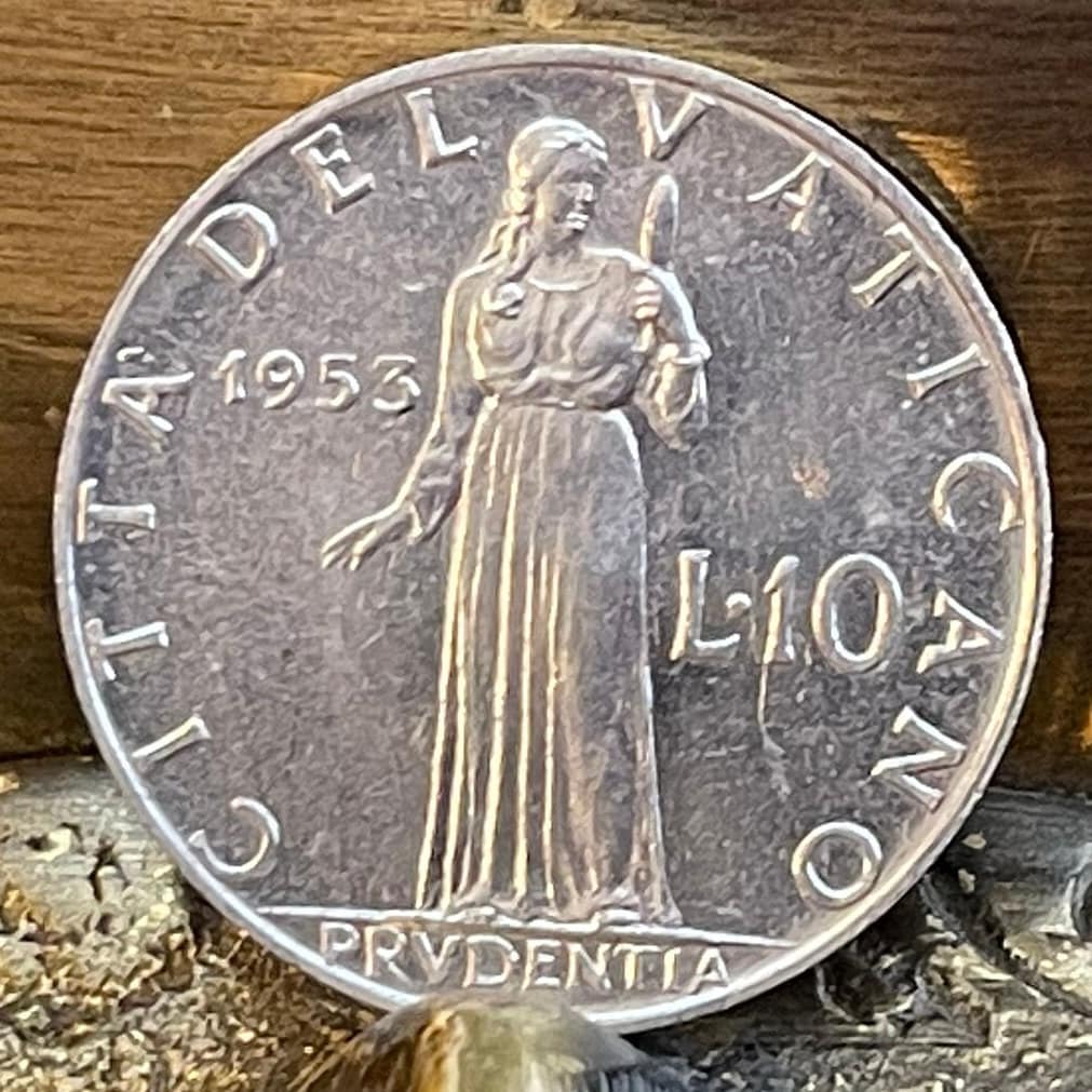 Cardinal Virtue Prudence & Pope Pius XII 10 Lire Vatican City Authentic Coin Money for Jewelry and Craft Making (Prudentia)