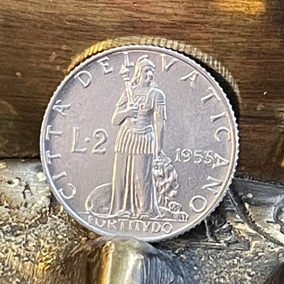 Cardinal Virtue Fortitude 2 Lire Vatican City Authentic Coin Money for Jewelry and Craft Making (Pope Pius XII)