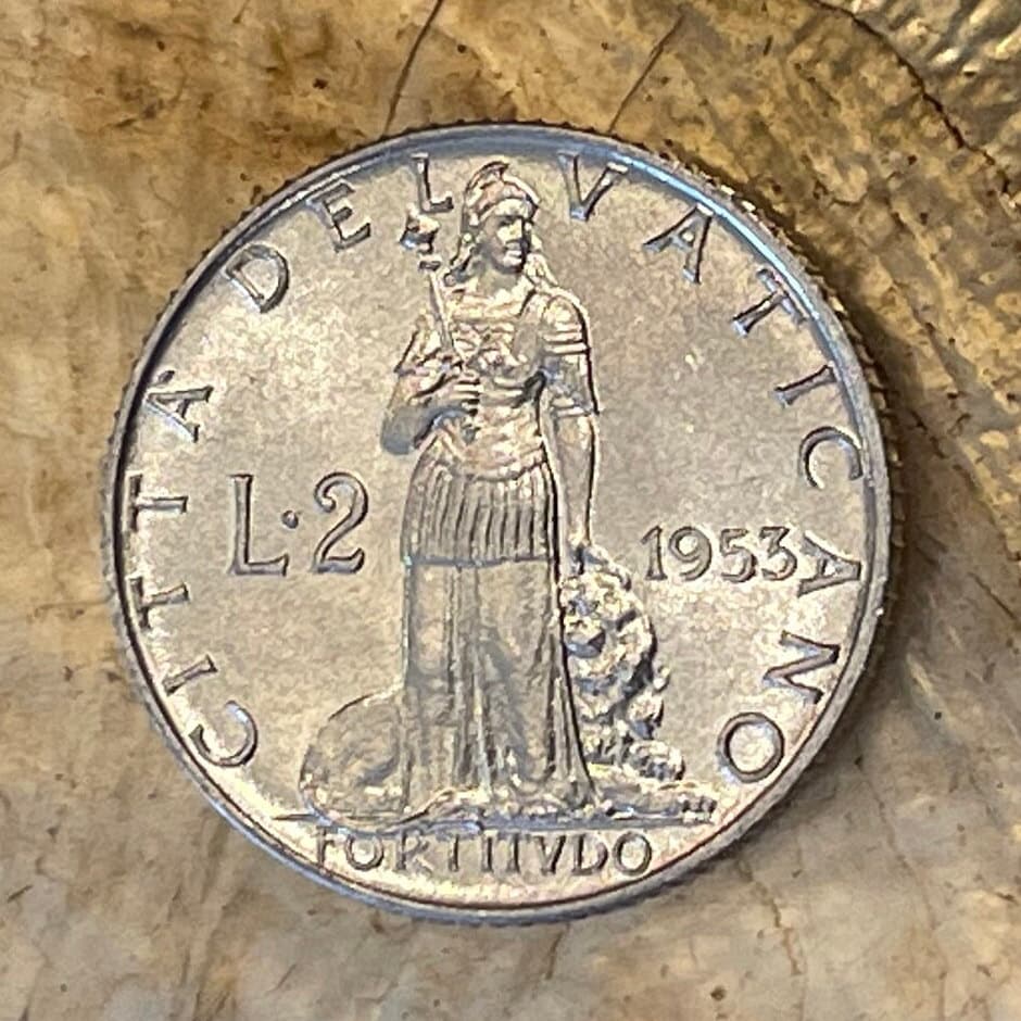 Cardinal Virtue Fortitude 2 Lire Vatican City Authentic Coin Money for Jewelry and Craft Making (Pope Pius XII)