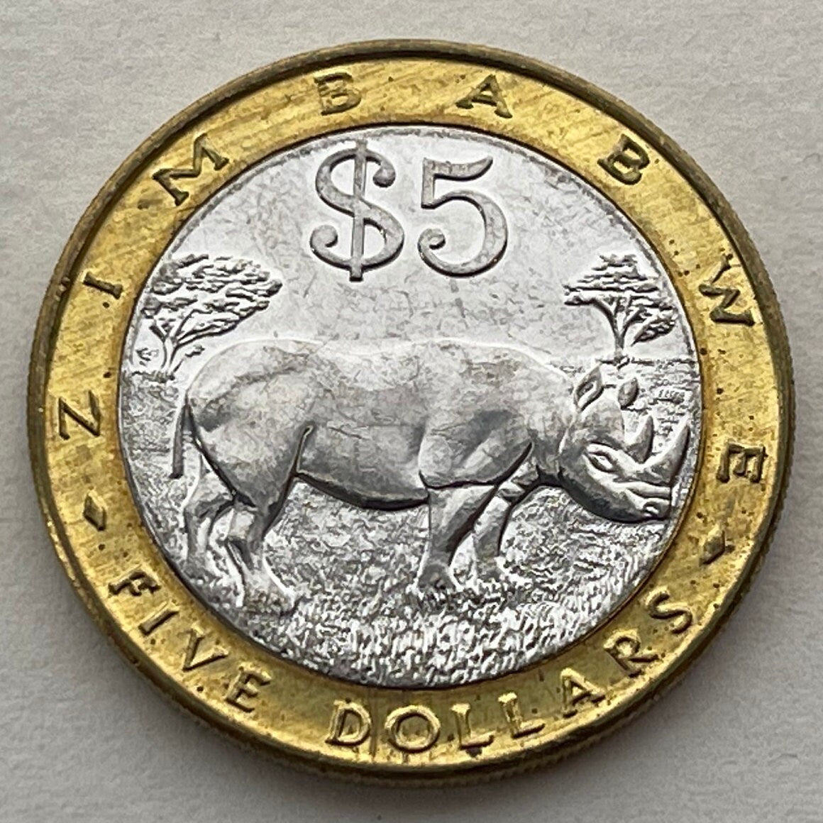 Black Rhinoceros & Great Zimbabwe Bird 5 Dollars Zimbabwe Authentic Coin Money for Jewelry and Craft Making (Bimetallic)