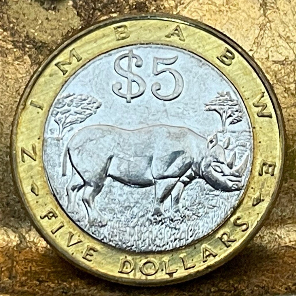 Black Rhinoceros & Great Zimbabwe Bird 5 Dollars Zimbabwe Authentic Coin Money for Jewelry and Craft Making (Bimetallic)