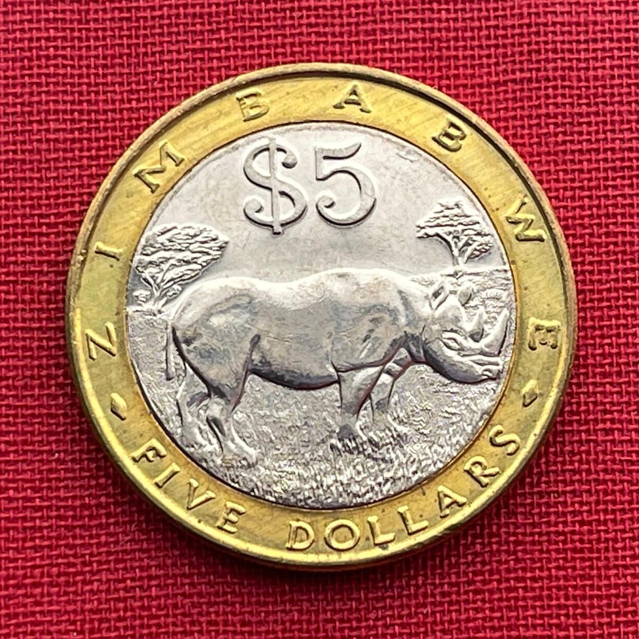 Black Rhinoceros & Great Zimbabwe Bird 5 Dollars Zimbabwe Authentic Coin Money for Jewelry and Craft Making (Bimetallic)