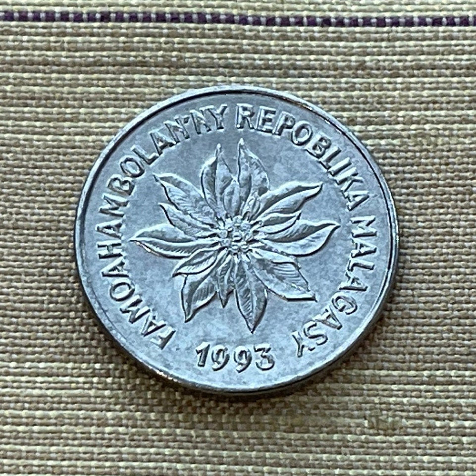 Poinsettia & Zebu 1 Franc Madagascar Authentic Coin Money for Jewelry and Craft Making (Christmas Flower)