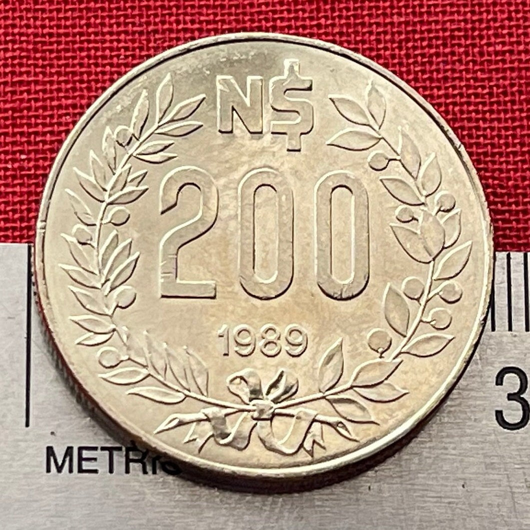 Liberty Breaks Chains on Obelisk of Montevideo 200 Nuevos Pesos Uruguay Authentic Coin Money for Jewelry (1989) (Raging Revolutionary)