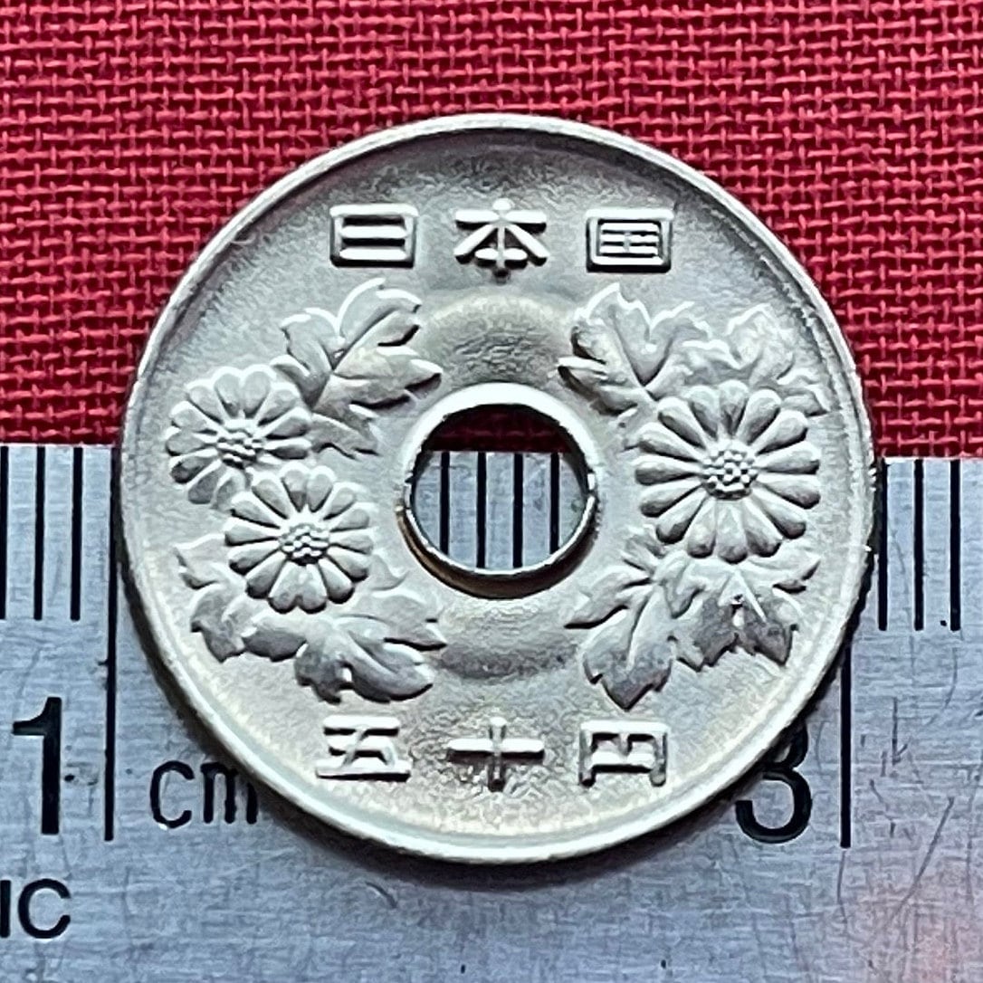 Chrysanthemums 50 Yen Japan Authentic Coin Money for Jewelry and Craft Making (Hole in Coin) (Imperial Family) (Kiku) (Longevity) (Nobility)