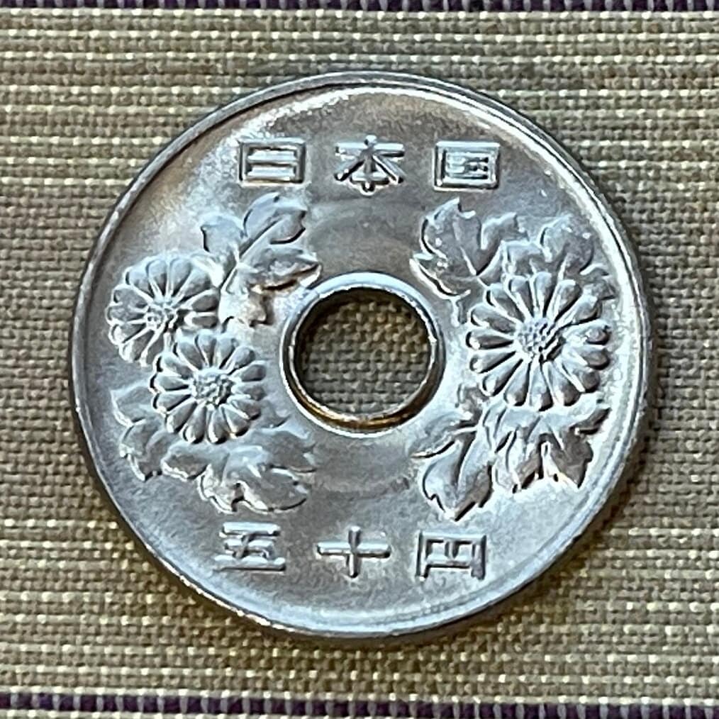 Chrysanthemums 50 Yen Japan Authentic Coin Money for Jewelry and Craft Making (Hole in Coin) (Imperial Family) (Kiku) (Longevity) (Nobility)