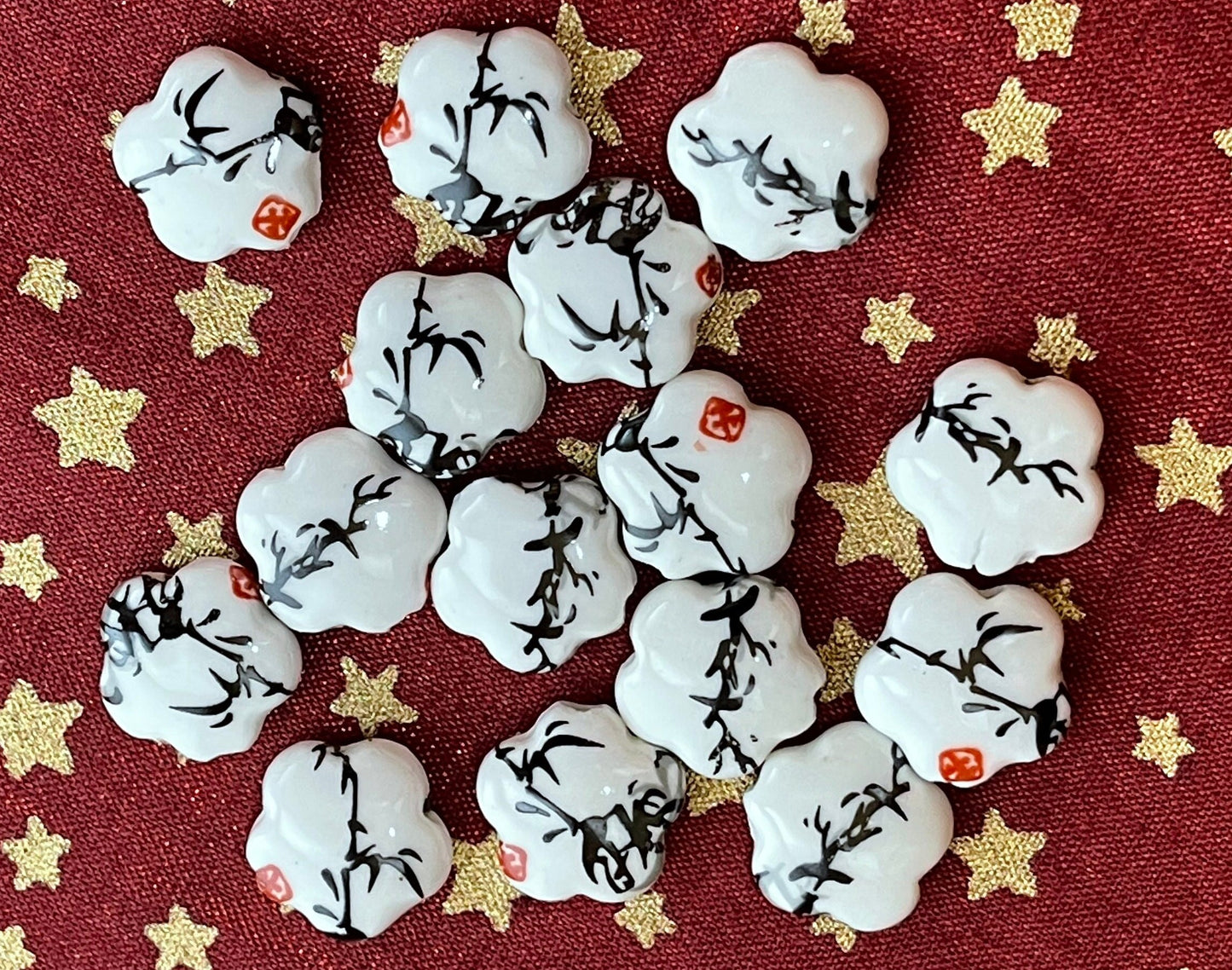 Printed flower-shaped porcelain beads (white with black sumi-e ink bamboo foliage and red seal)–big chunky large hole (lot of 6 or 12 )