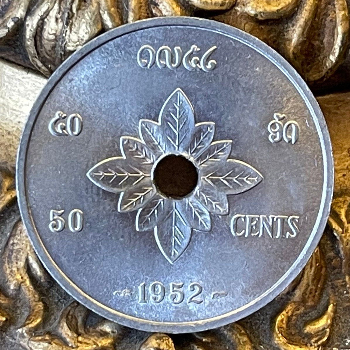 Constitution Book atop Buddhist Almsgiving Bowl 50 Cents Laos Authentic Coin Money for Jewelry (Hole) (Lotus) (Om Enlightenment Symbol) 1952