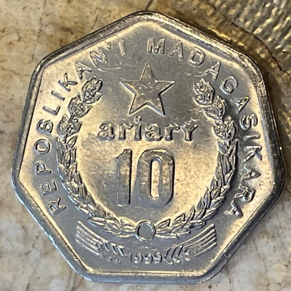Peat Harvester 10 Ariary Madagascar Authentic Coin Money for Jewelry and Craft Making (1999) (Heptagonal) (7-Sided Coin) (Star)