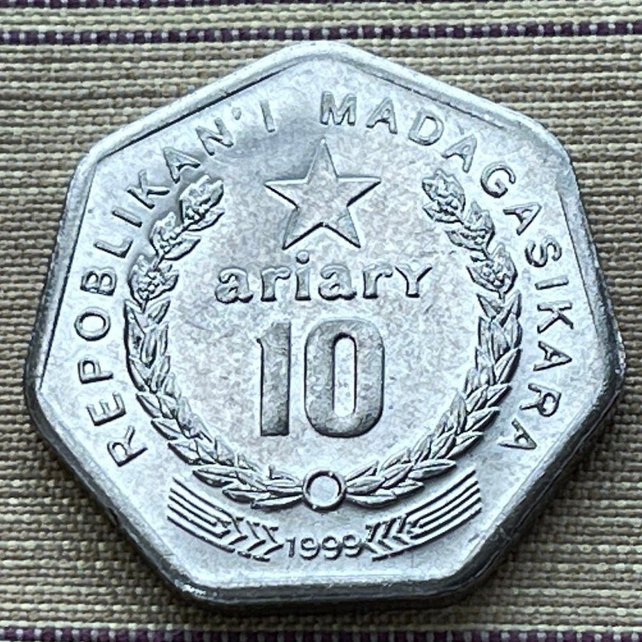 Peat Harvester 10 Ariary Madagascar Authentic Coin Money for Jewelry and Craft Making (1999) (Heptagonal) (7-Sided Coin) (Star)