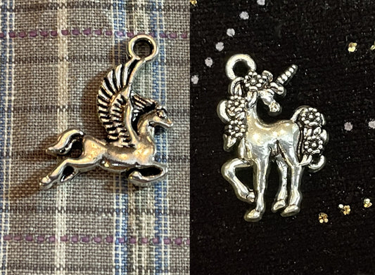 Unicorn and Pegasus charms (flying horse) (mythical beast) Magic Unicorn has horn and flowers in mane, Perseus's mount in flight (pendants)