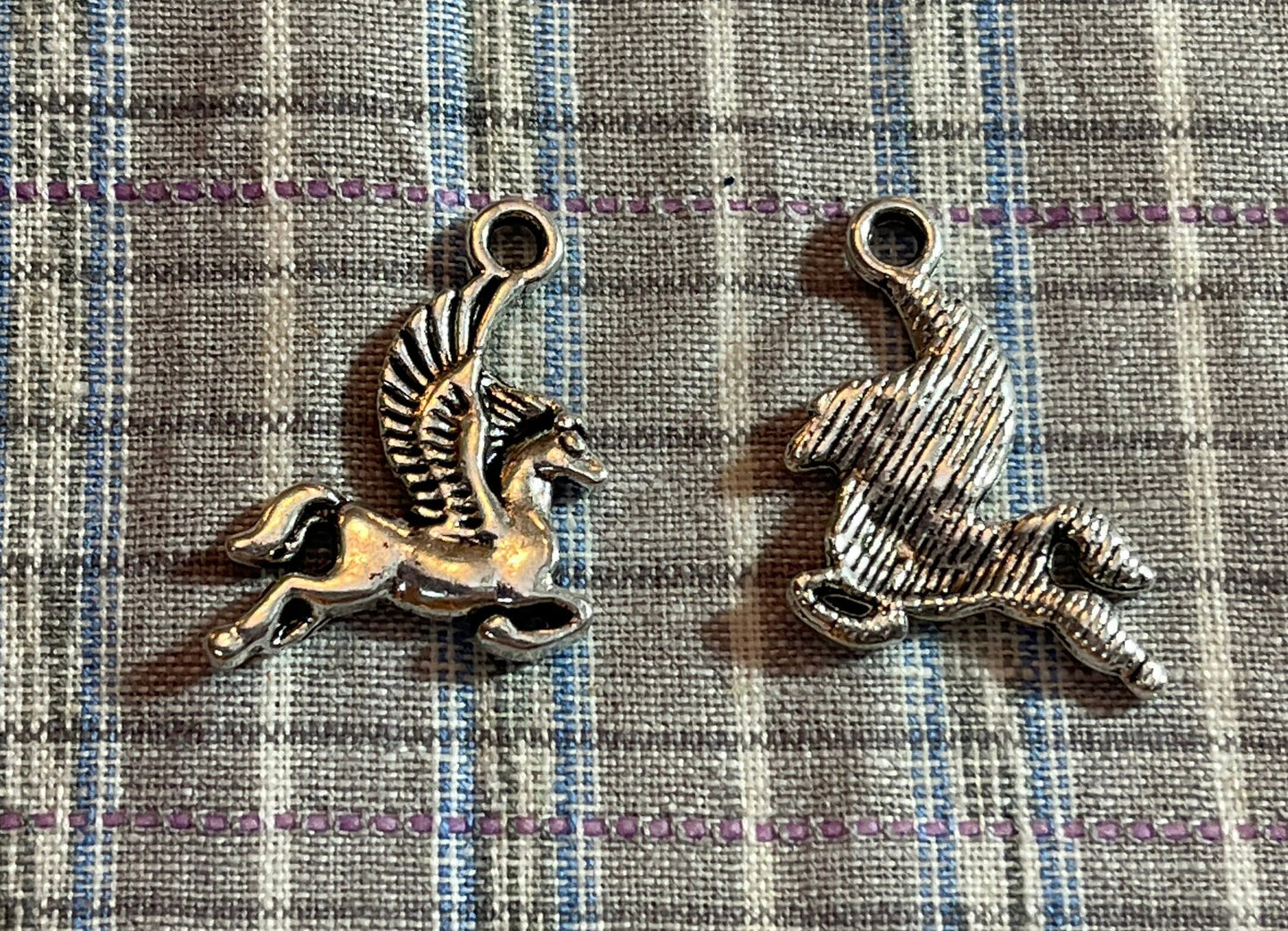 Unicorn and Pegasus charms (flying horse) (mythical beast) Magic Unicorn has horn and flowers in mane, Perseus's mount in flight (pendants)