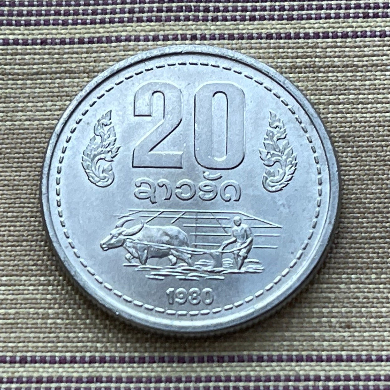 Water Buffalo Pulls Plough in Rice Paddy 20 Att Laos Authentic Coin Money for Jewelry and Craft Making (Taurus)