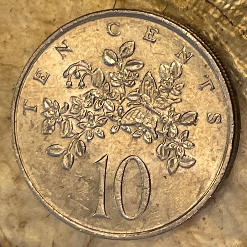 Homerus Swallowtail Butterfly & Roughbark Lignum-Vitae Flowers 10 Cents Jamaica Authentic Coin Money for Jewelry (CONDITION: FINE)