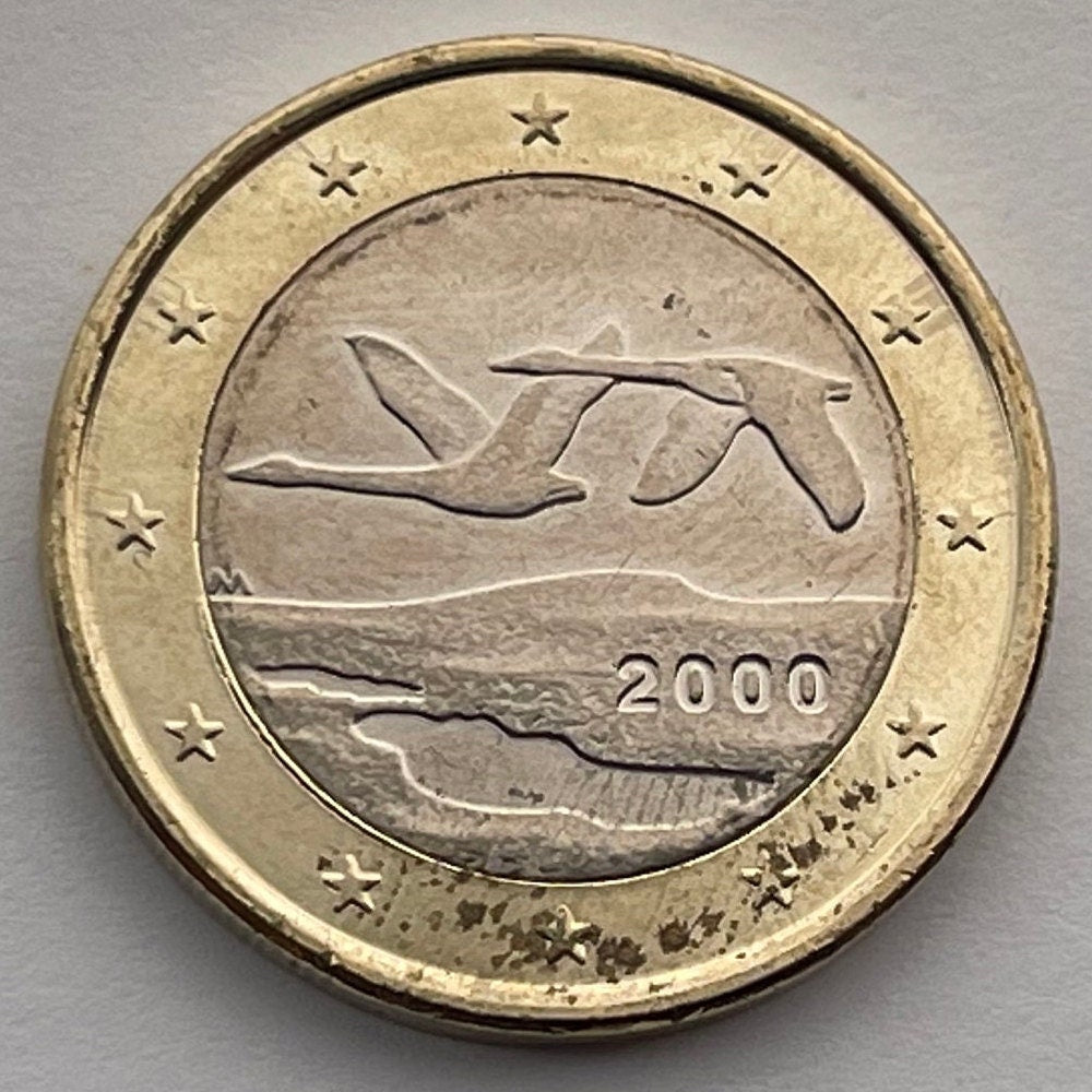 Whooper Swans 1 Euro Finland Authentic Coin Money for Jewelry and Craft Making (Trumpeter Swan) (Swan Song) (Wild Swan) (Bimetallic)