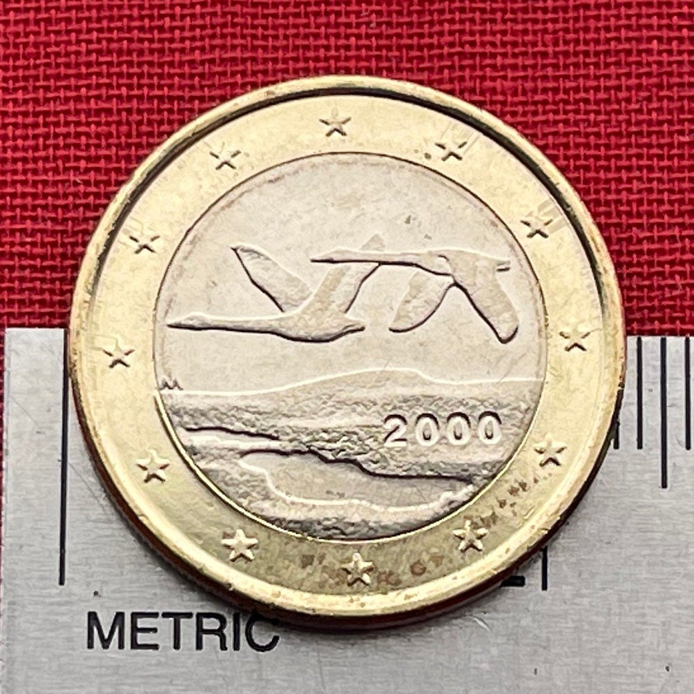 Whooper Swans 1 Euro Finland Authentic Coin Money for Jewelry and Craft Making (Trumpeter Swan) (Swan Song) (Wild Swan) (Bimetallic)