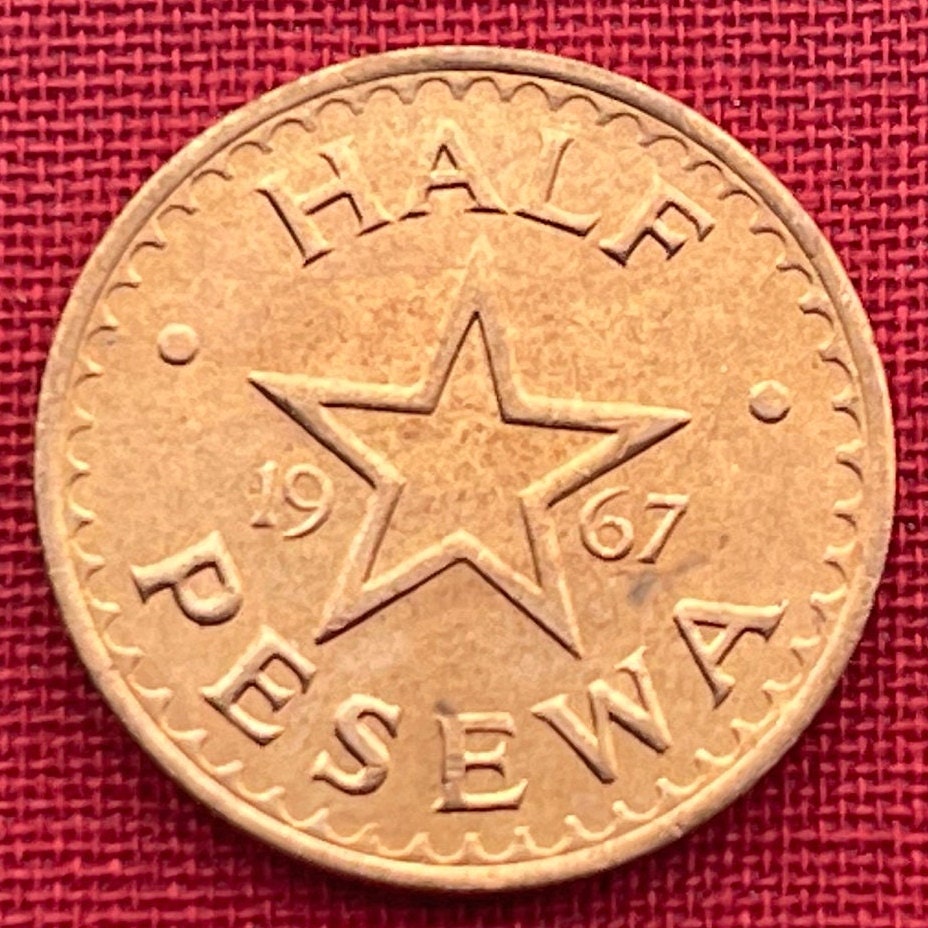 Atumpan Talking Drums & Black Star of Africa Half Pesewa Ghana Authentic Coin Money for Jewelry (Adowa Dance) (1967) (BLM) (Pan-African)
