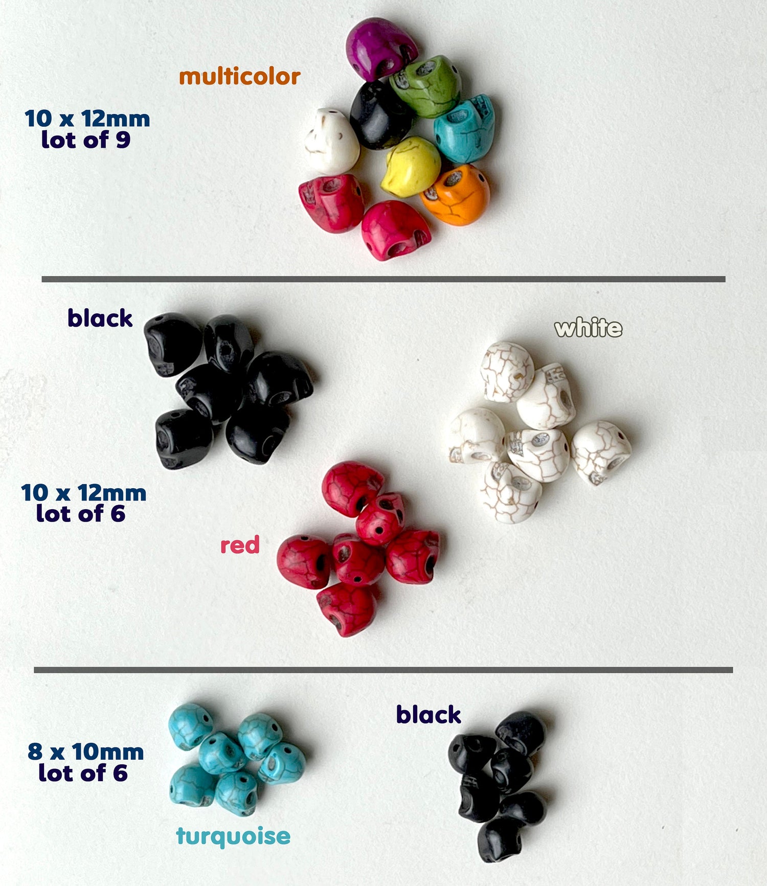 Skull Stone Beads - Halloween, Day of the Dead charms - black, red, white, turquoise, multicolor - dyed magnesite