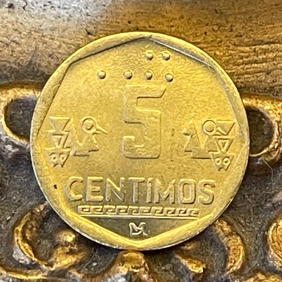 Chimú Bird & Fish Reliefs from Chan Chan 5 Céntimos Peru Authentic Coin Money for Jewelry and Craft Making